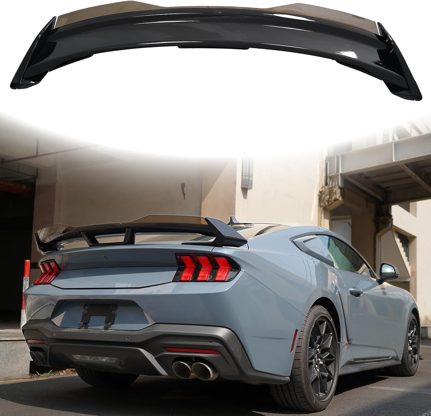 2024 - 2025 FORD MUSTANG DARK HORSE STYLE GLOSS BLACK REAR SPOILER WITH SMOKED GURNEY FLAP