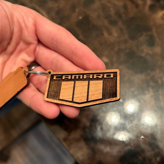 CAMARO HERITAGE BADGE KEYCHAIN *CUT AND ENGRAVED CHERRYWOOD*